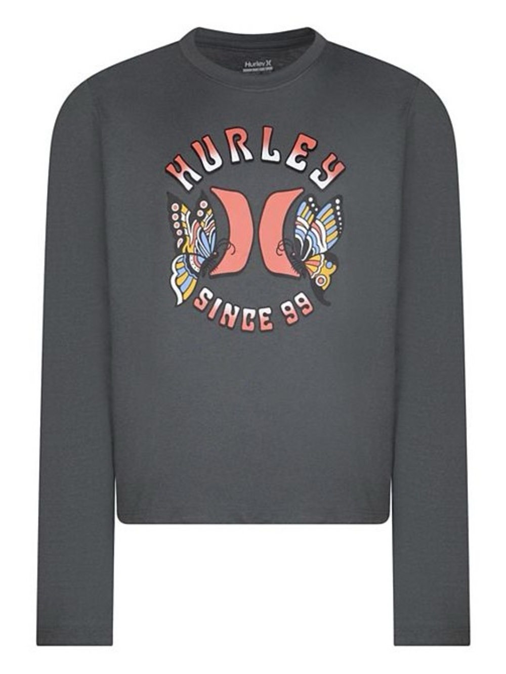 Hurley Girls Monarchy Butterfly Long Sleeve Graphic Tee Large Charcoal Gray NWT!